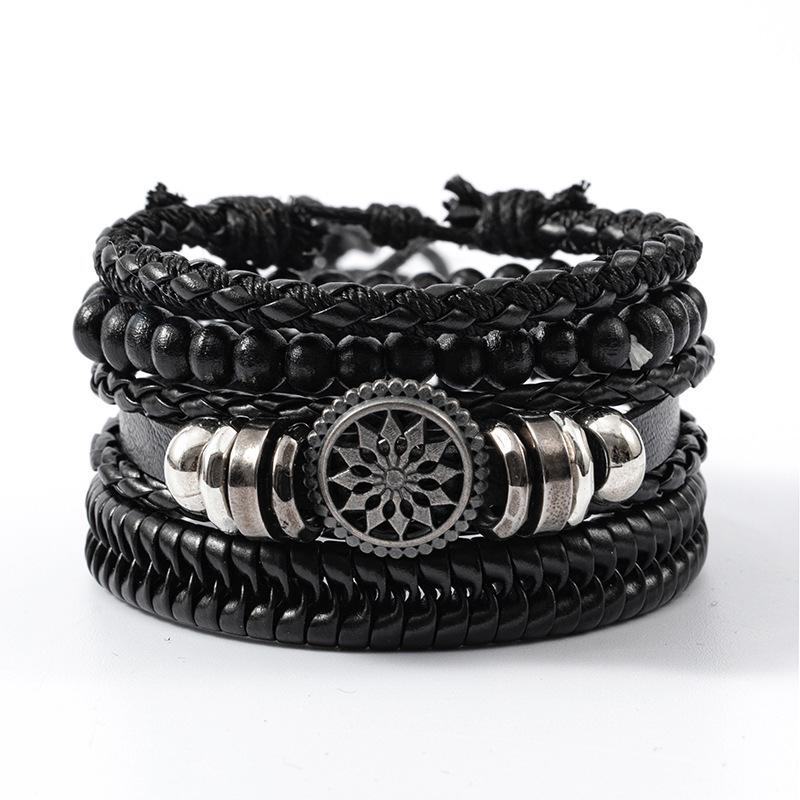 Набор из 4 винтажных многослойных кожаных браслетов в стиле панк, ручная работа чёрный