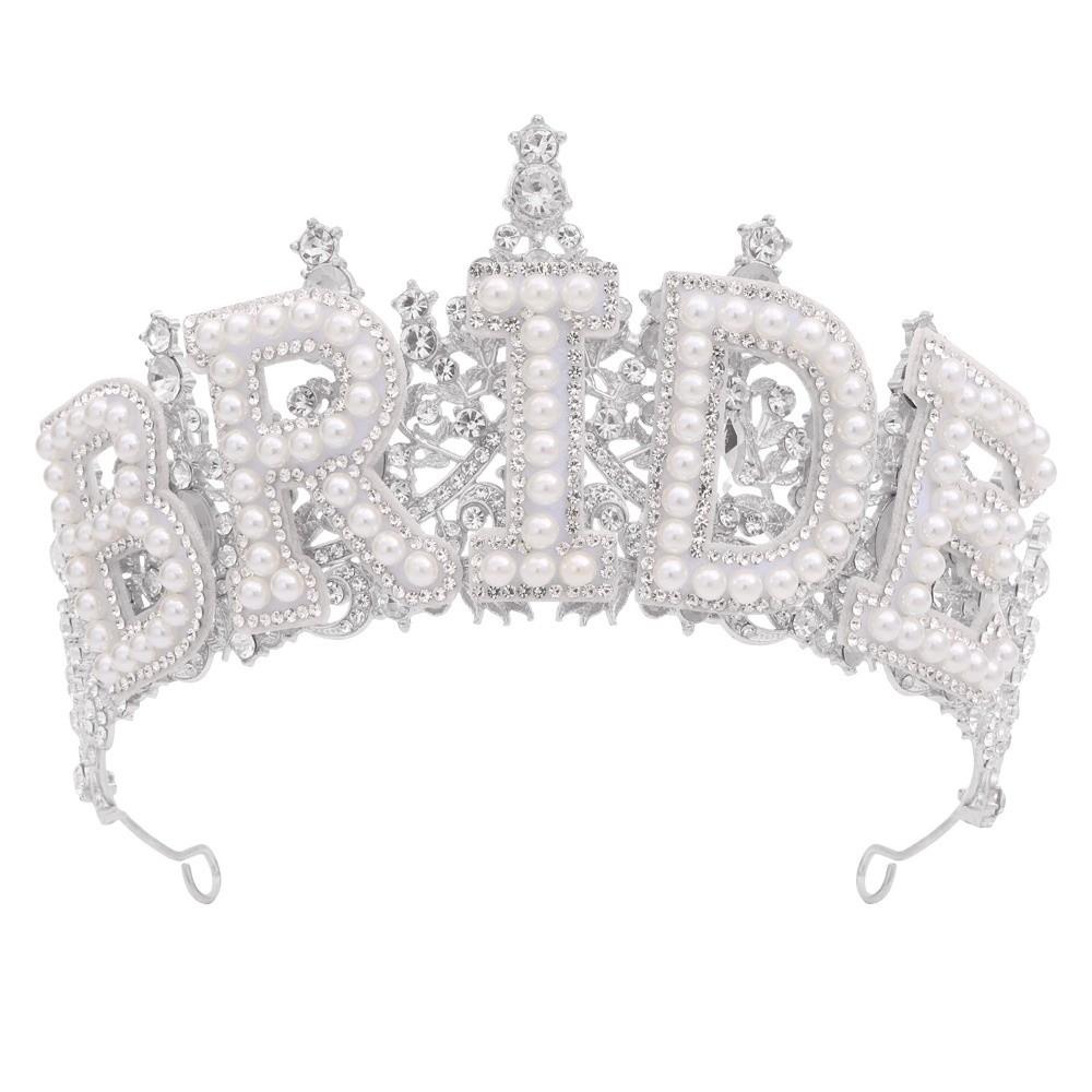 Wedding Decoration White Pearl Letter Crown Shiny Bride Tiara Zinc Zinc Alloy Rhinestone Headband Wife Gift