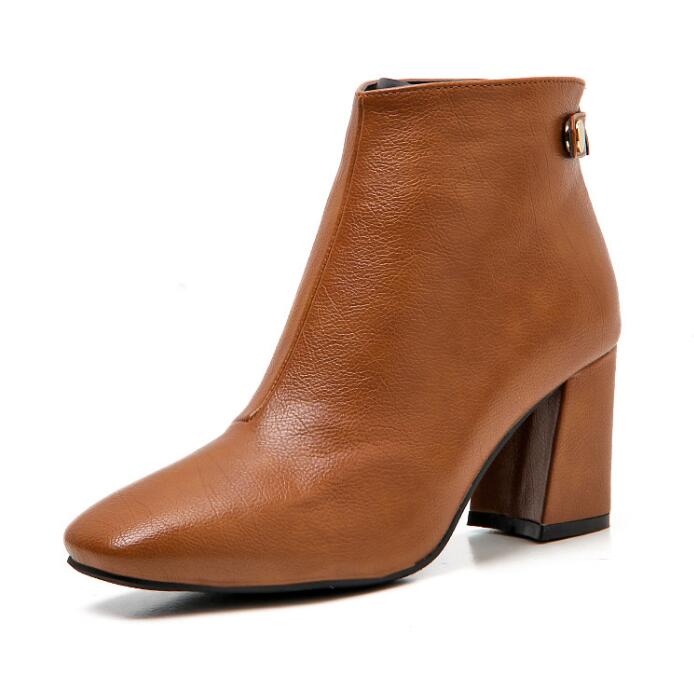 Black/brown Leather Chunky Ankle Boots Ladies Back Button Zipper Chelsea Booties Women Brief All-match High Heels Bottes Female