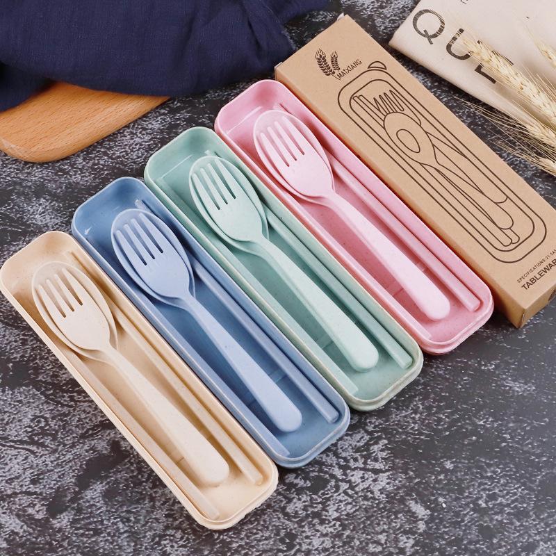Wheat Straw Tableware Set: Chopsticks, Spoon, Fork with Cute Portable Box