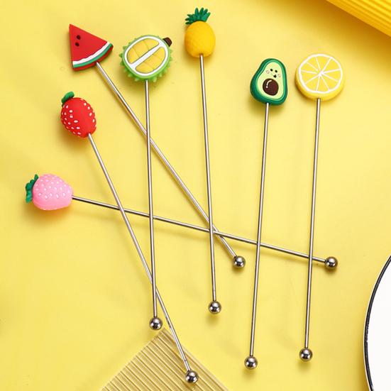 Yousheng Cocktail Stir Stick, Stainless Steel Cocktail Mixing Stick, with Durian Pineapple Strawberry Watermelon Rubber Top Decor, Drink Stirrer