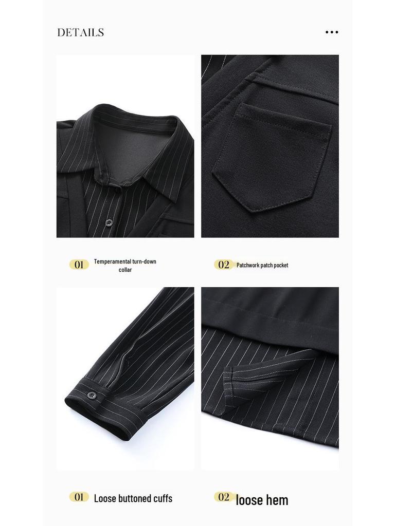 Spring Casual Plus-Size Two-Piece Shirt - Light Mature Style with Turn-Down Collar for Women