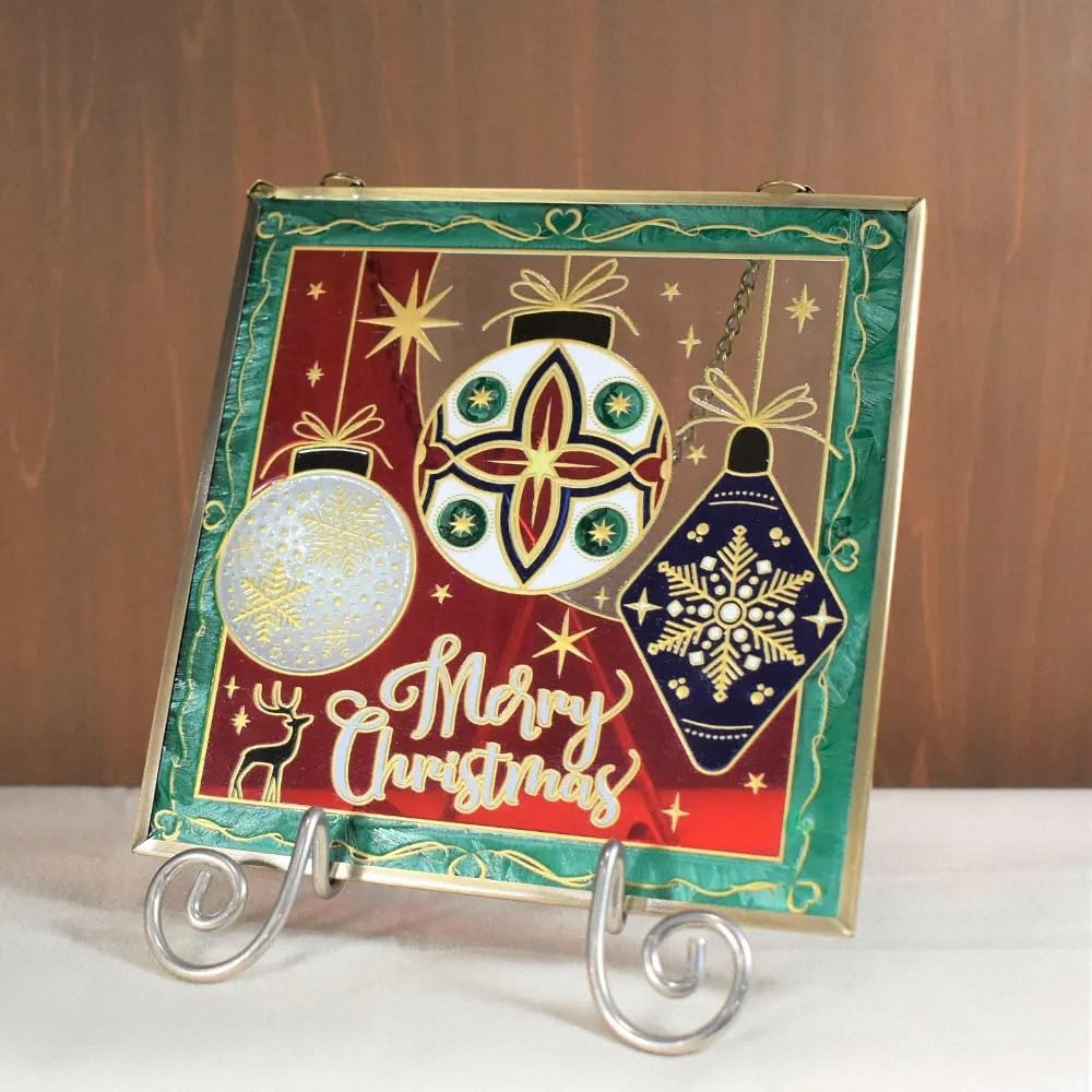 Fourcart Cute Handmade Glass Crafts Christmas Ornament Square x 6 Pieces [Stained Frame]