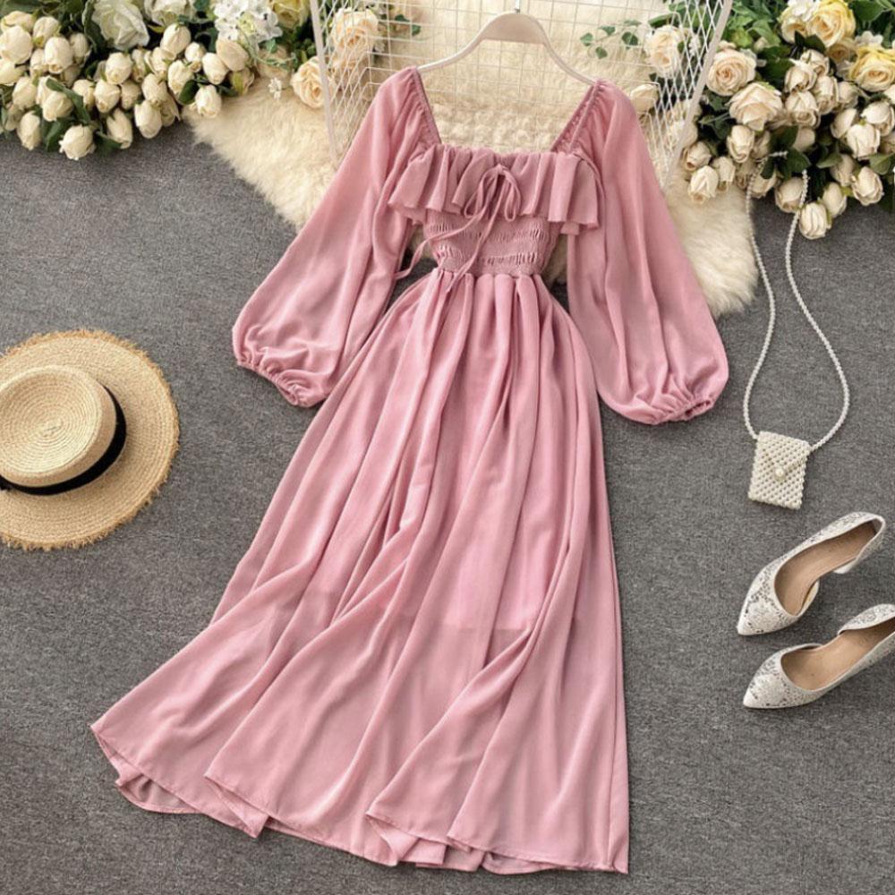 Весенняя женская шифоновая юбка с квадратным вырезом и пышными рукавами во французском — фото 10