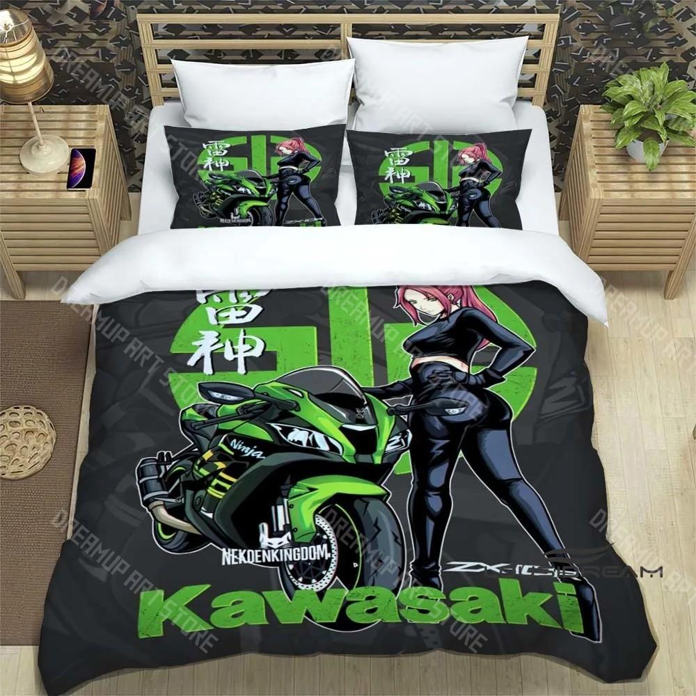 Set Biancheria da Letto Stampa Retro 3D Logo Moto K-Kawasaki Set Biancheria da Letto Elegante Copripiumino Coperta Trapuntata Letto Regalo di Compleanno di Lusso