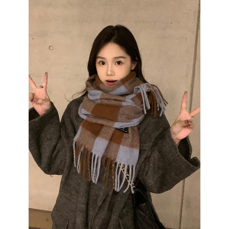 

Japanese Blue Plaid Imitation Cashmere Scarf Women s New Winter Long Warm Scarf Shawl Dual purpose Men 200*40cm