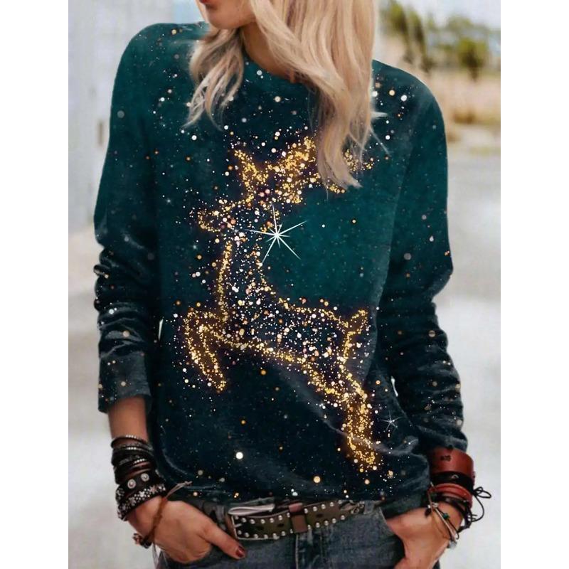 

Весенне-осенний топ с круглым вырезом и 3D-принтом на рождественскую тематику, модная повседневная женская футболка с длинным рукавом 5XL