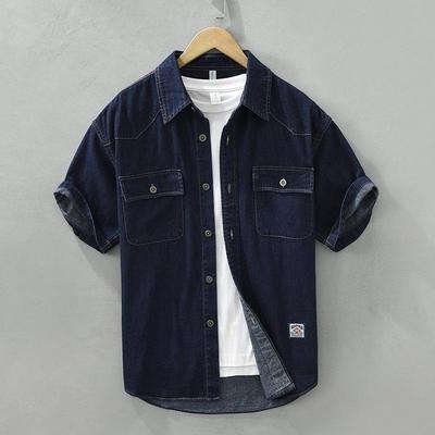 Youth Literary and Leisure Workwear Denim Shirt Youth Collared Loose-fitting Short-sleeved Shirt