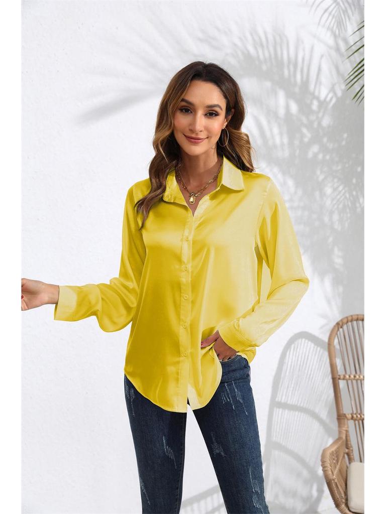 European & American Women's Long Sleeve Satin-Cotton Shirt - Solid Color, Spring & Autumn Bestseller