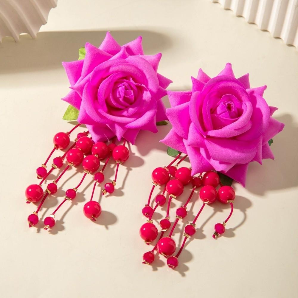 Temperament Flower Earrings Beads Tassel Women Jewelry Romantic Faux Rose Earrings Seaside