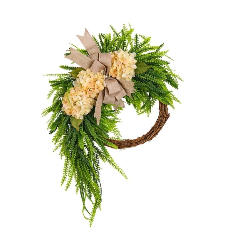 Rustics Floral Wreath Wall Hanging Rattan Frame With Artificial Hydrangea Blooms Ornament For Indoor Decoration