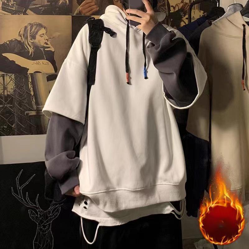 Autumn Spring Round Neck Long Sleeve Fashion Sweatshirts Man High Street Casual Loose Pullovers Fake Two Pieces Thick Drawstring Hoodie 5XL 1997₽