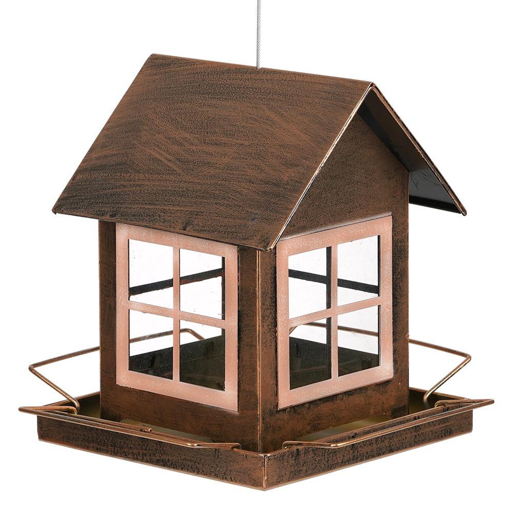 Pet Supplies Hanging Bird Feeder Large Capacity Windproof Bird Food Bowl Metal House Shape Parrot Feeding Station Backyard