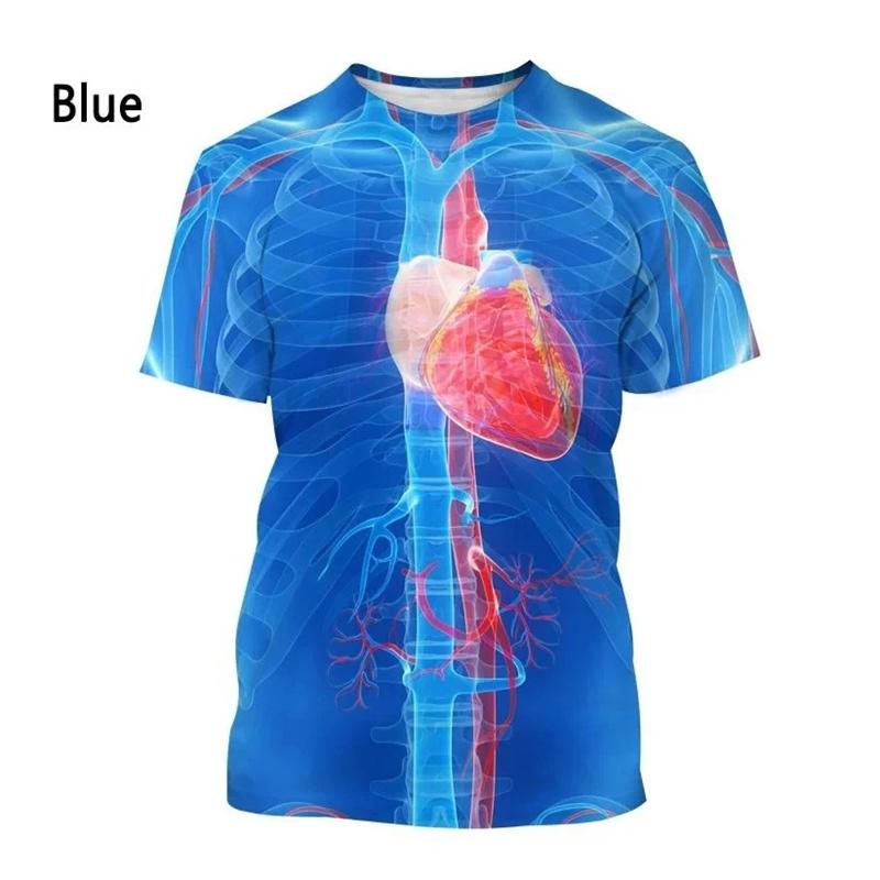 Camisetas Padrão Órgãos Humanos Ossos Para Homens Personalidade Estampadas 3D Verão Casual Manga Curta Soltas Camisetas Gola Redonda Tops