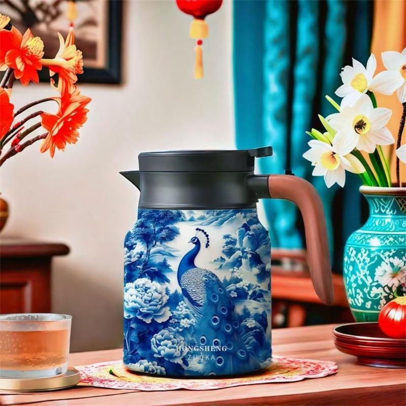 Premium Thermal Florals Teapot 1000ml Removable Infuser Stainless Steels Body And Ergonomic Wooden Handle Teas Kettle