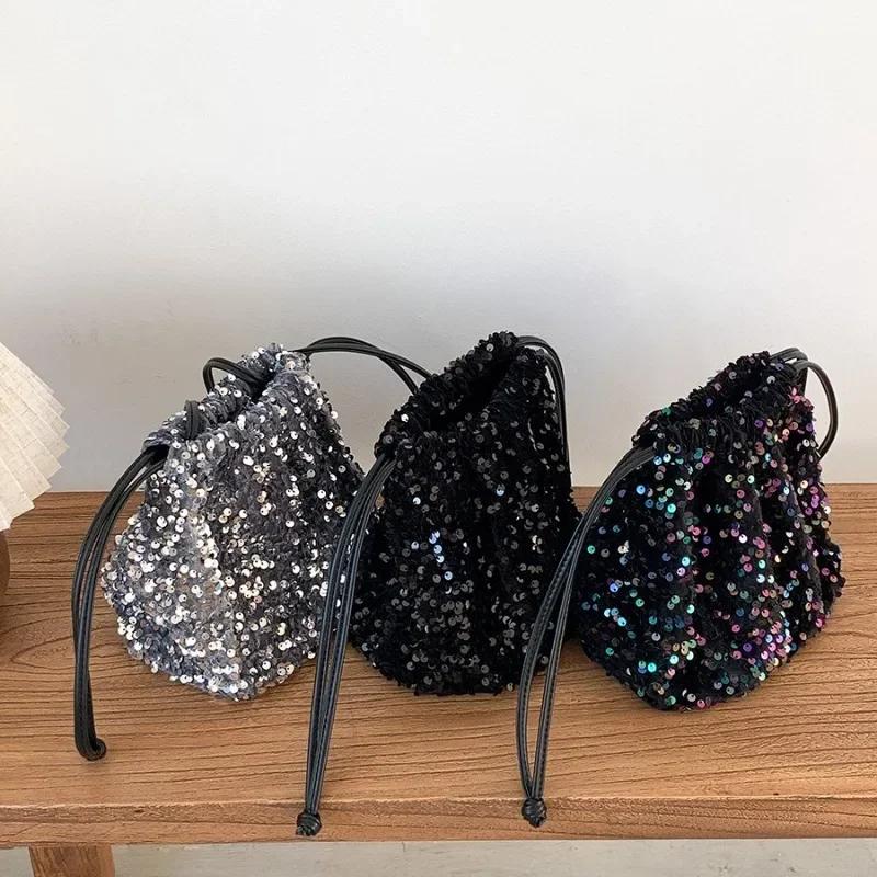 Nuove Borse a Tracolla con Paillettes Versatili alla Moda Borse a Spalla Pieghettate con Coulisse di Alta Qualità per Donna Borse a Secchiello Morbide di Lusso Festa