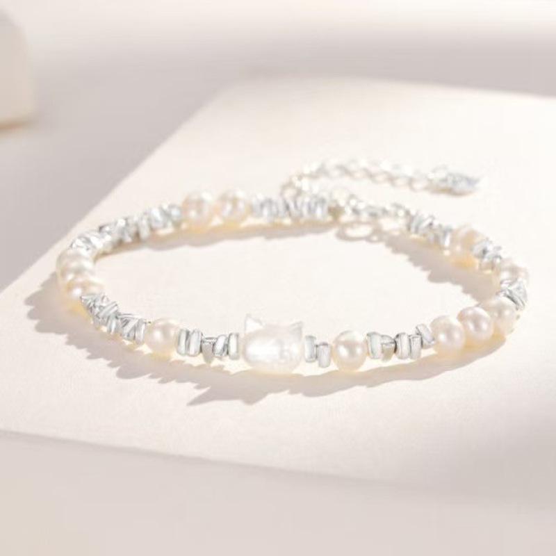 2026 Women's Luxury Cat Silver Bracelet with Pearls – Trendy Gift for Best Friend