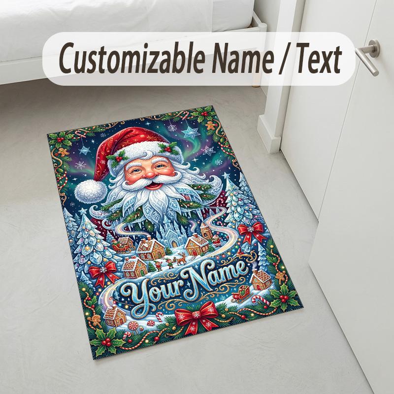 Christmas Theme Crystal Velvet Rug Personalized Custom Name Text Soft Floor Mat Home Decor