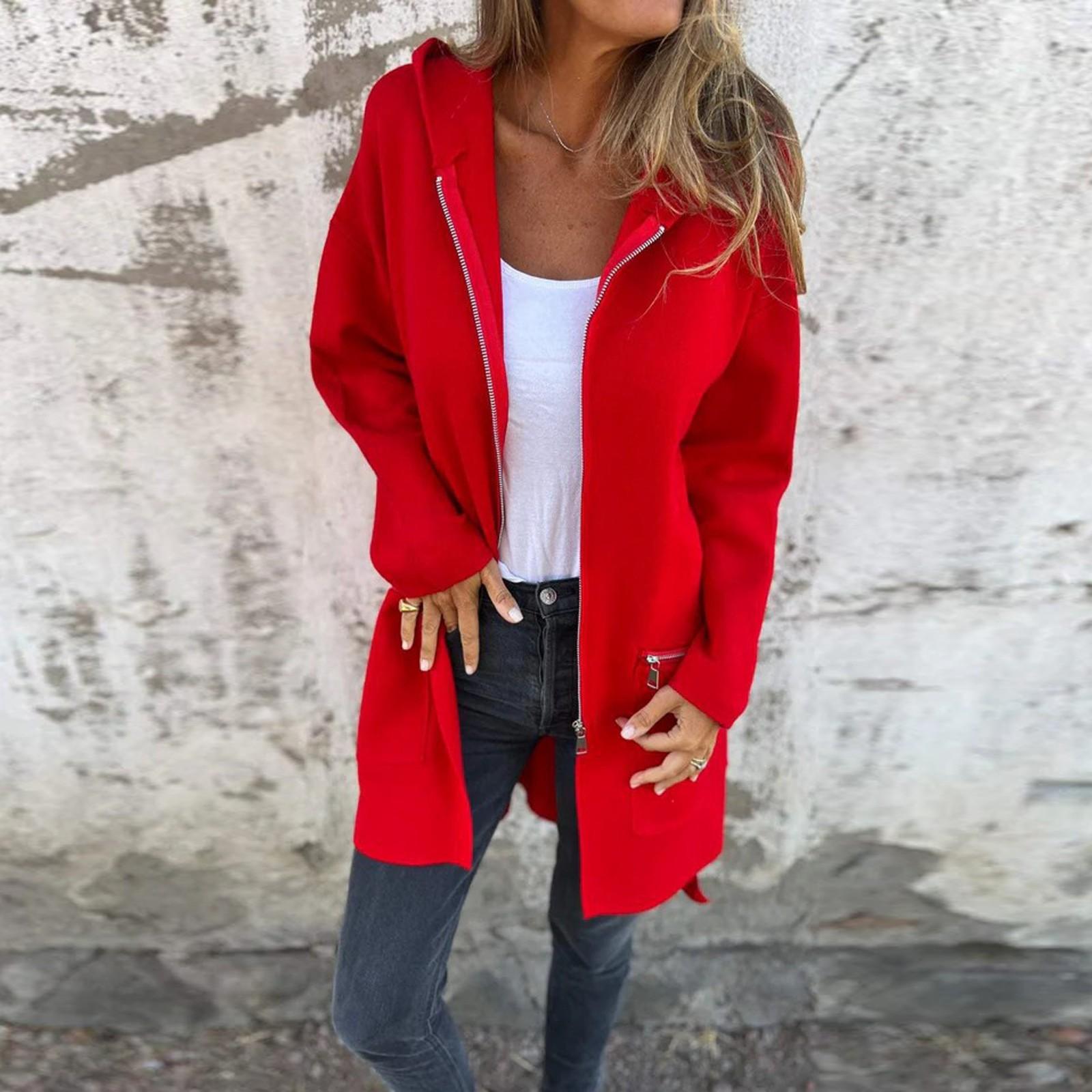 

Длинный рукав женский однотонный топ с капюшоном легкая куртка пальто зима и осень XXXXXL красный