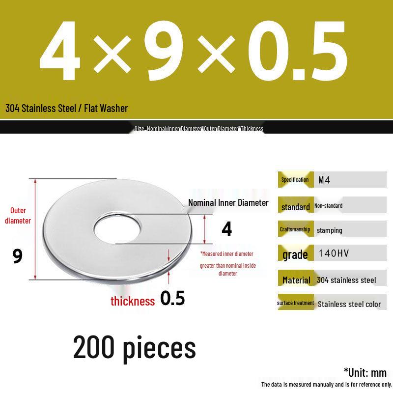 304 Stainless Steel Thickened Flat Washer Set, Sizes 2-36