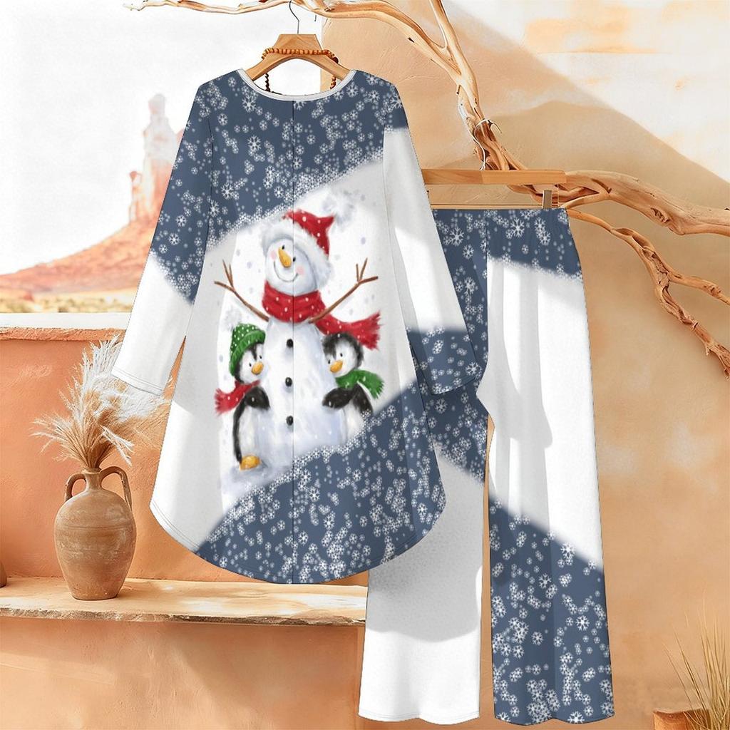 Christmas Print Two Piece Outfit Women Long Sleeve Irregular Hem Tunic Top Wide Leg Pants Casual Matching Set