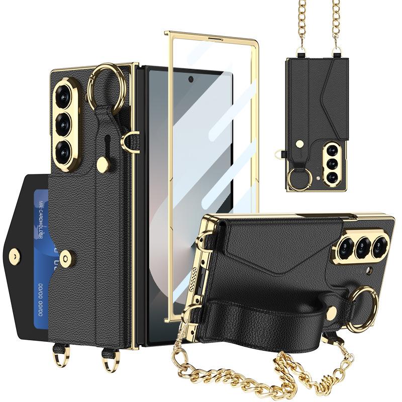Samsung ZFold6 Telefono Cellulare Pelle di Chitina Stile Piccola Fragranza Braccialetto Borsa per Carte Braccialetto a Catena Portatile Custodia in Pelle