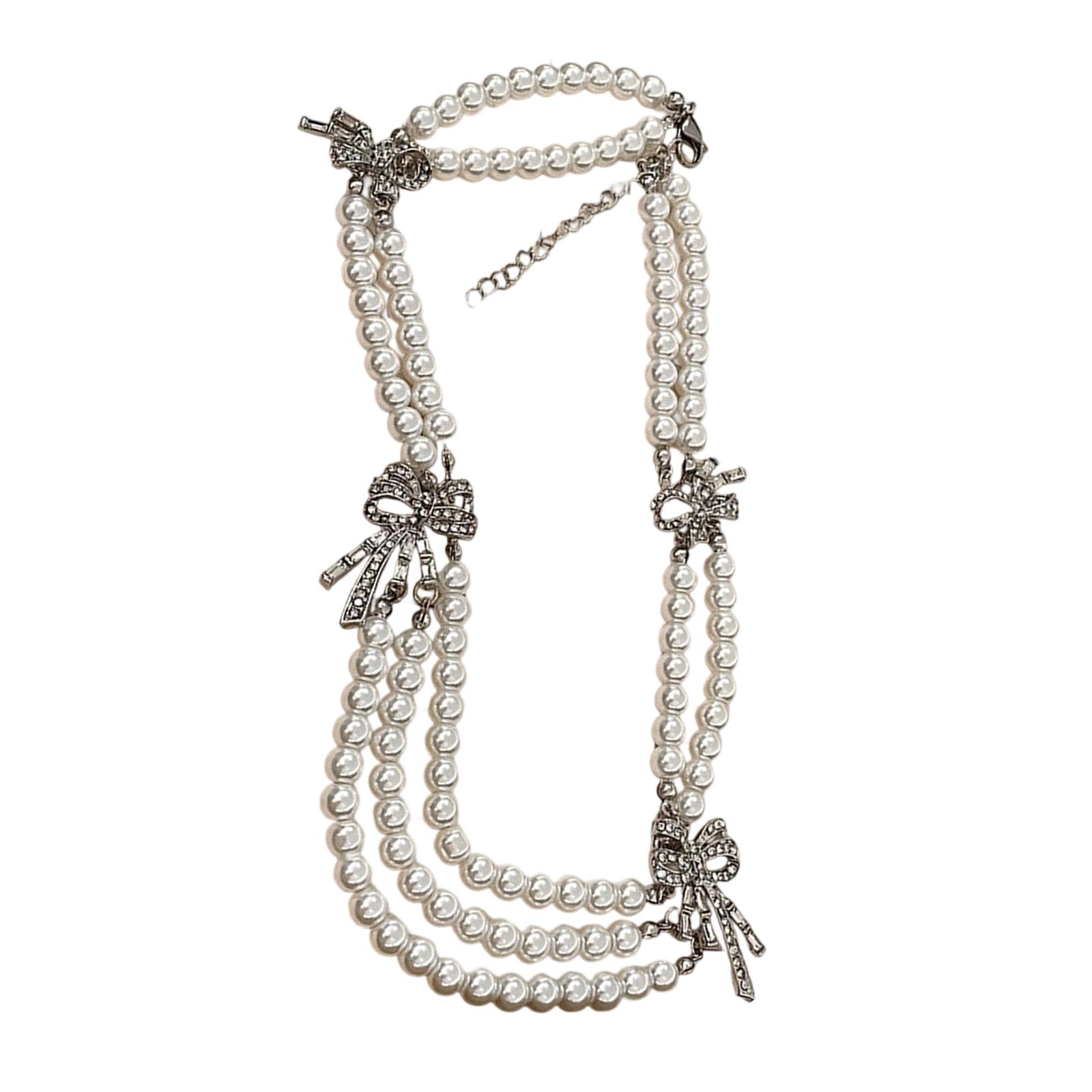 

Винтажное многослойное ожерелье из искусственного жемчуга с бусинами, подвеска-бантик со стразами, ручная работа, цепочка для ключицы
