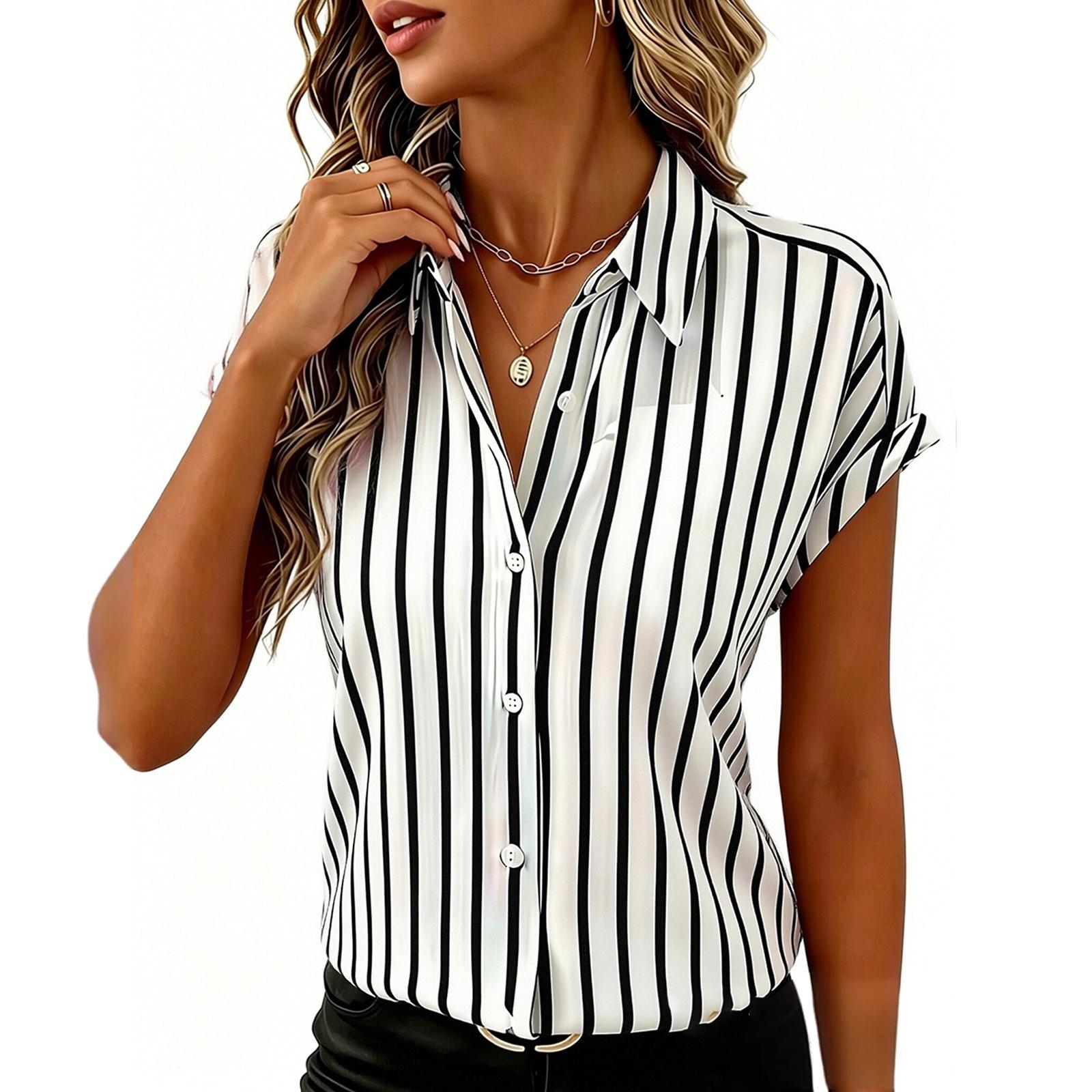 Women s Summer  Off Shoulder Sleeve Button Striped Women s Shirt L