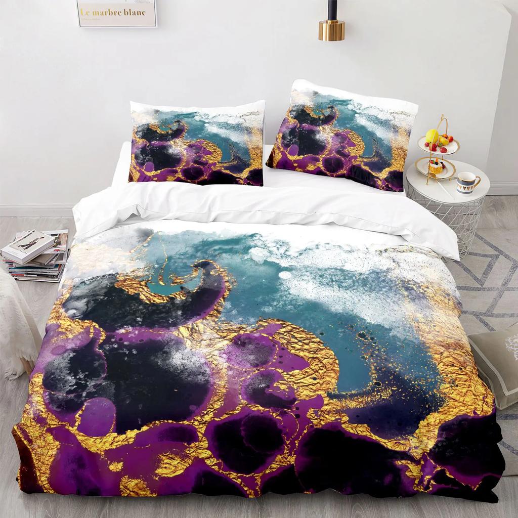 Modern Gold Blue Marble Soft Duvet Cover Women Kid Gift Gliter Abstract Marble Luxurious Ink Plus Wash Art Theme Bedrom Decorations