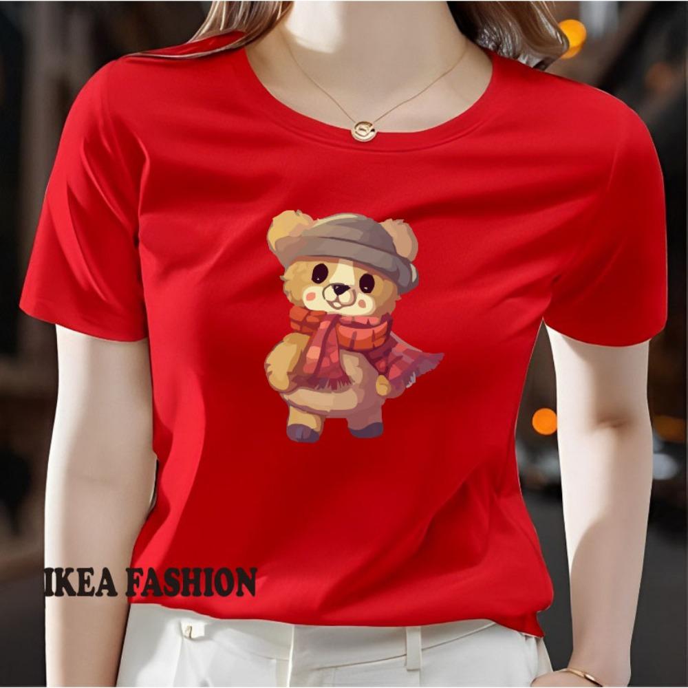 Ladies' casual short sleeved round neck T-shirt - cute cartoon bear pattern printed fashionable