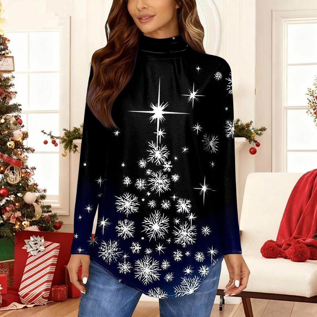 Women's Fashionable Loose-Fit High-Neck T-Shirt With Christmas Print Long-Sleeved Top