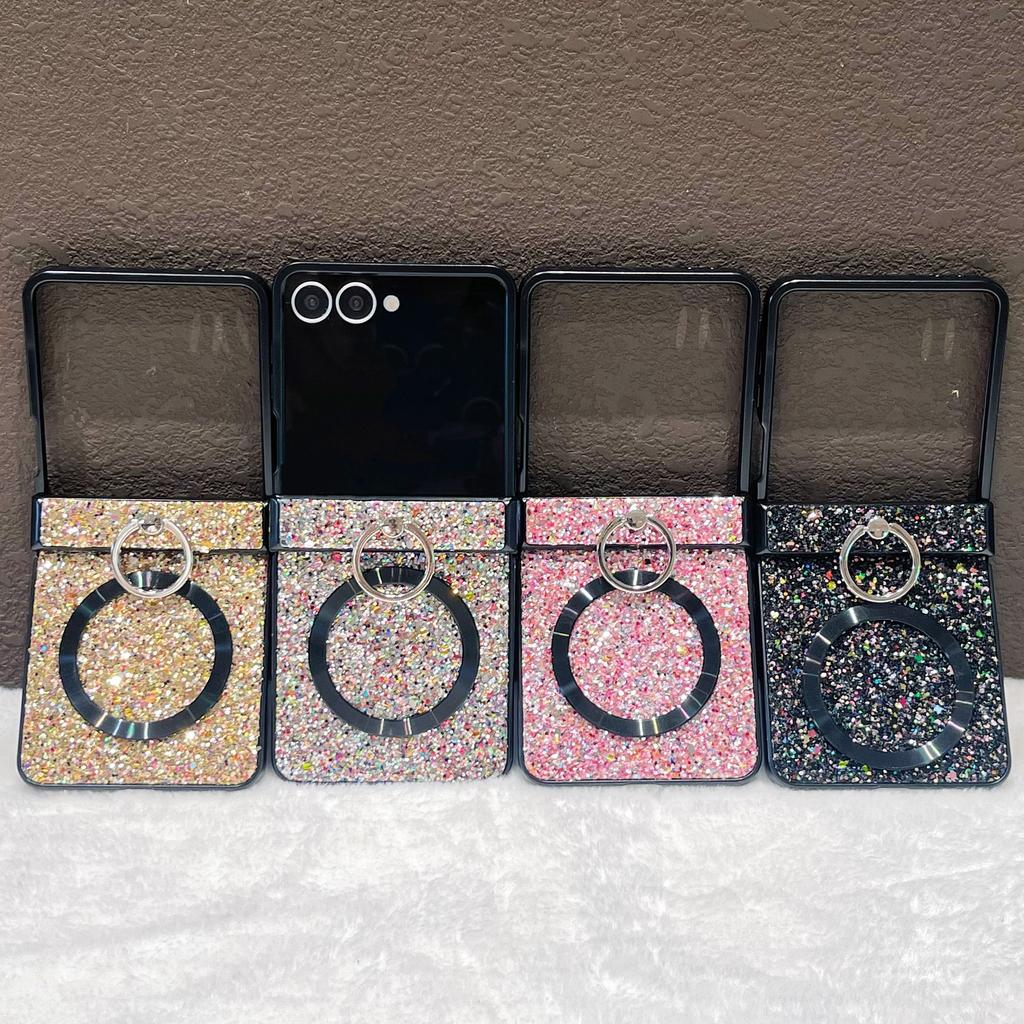 For Samsung Galaxy Z Flip 7 Ring Fold Bracket Magnetic Case for Samsung Galaxy Z Flip 6 Zflip 5 Zflip4 3 Shining Glitter Cover