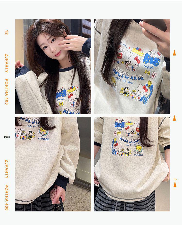 Women's 2025 Korean Style Cartoon Print Round Neck Sweatshirt - Autumn/Winter Velvet Loose Fit