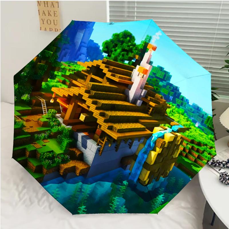 Minecraft5 Print Automatic Umbrella, 8 Rib Iron Frame, Plastic Handle, Suitable for Outdoor Travel &Daily , Ideal Gift