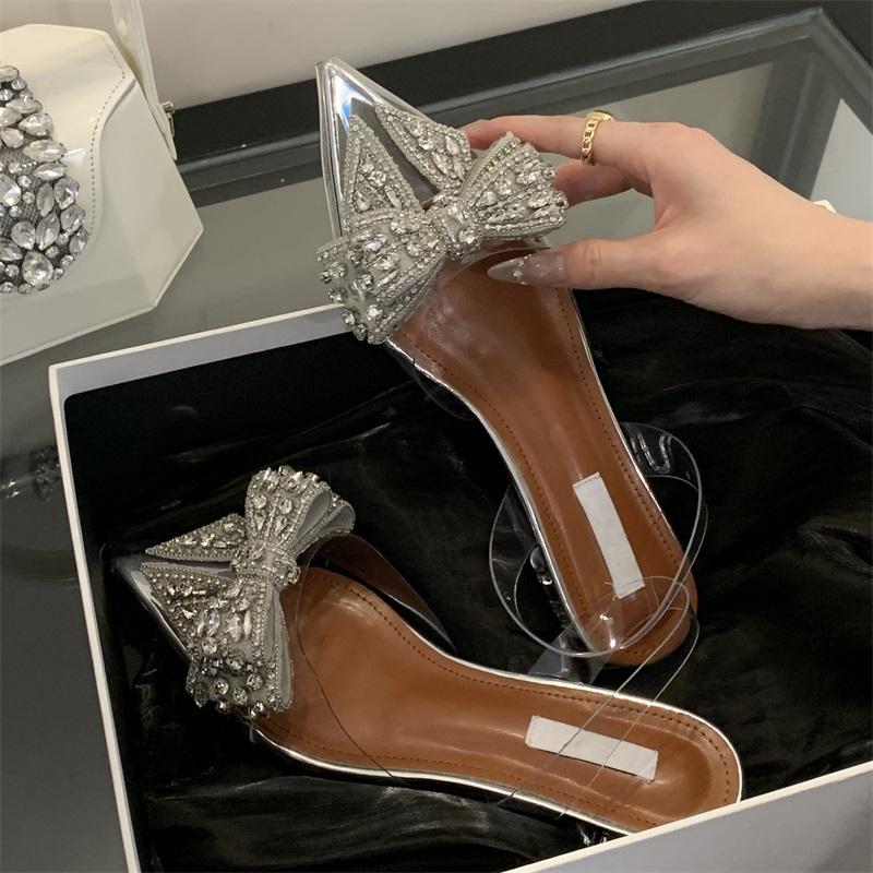 Fashion Eilyken Butterfly-Knot CRYSTAL Transparent Women Pumps Elegant Pointed Toe Slingbacks Sandals Clear Low Heels Shoes