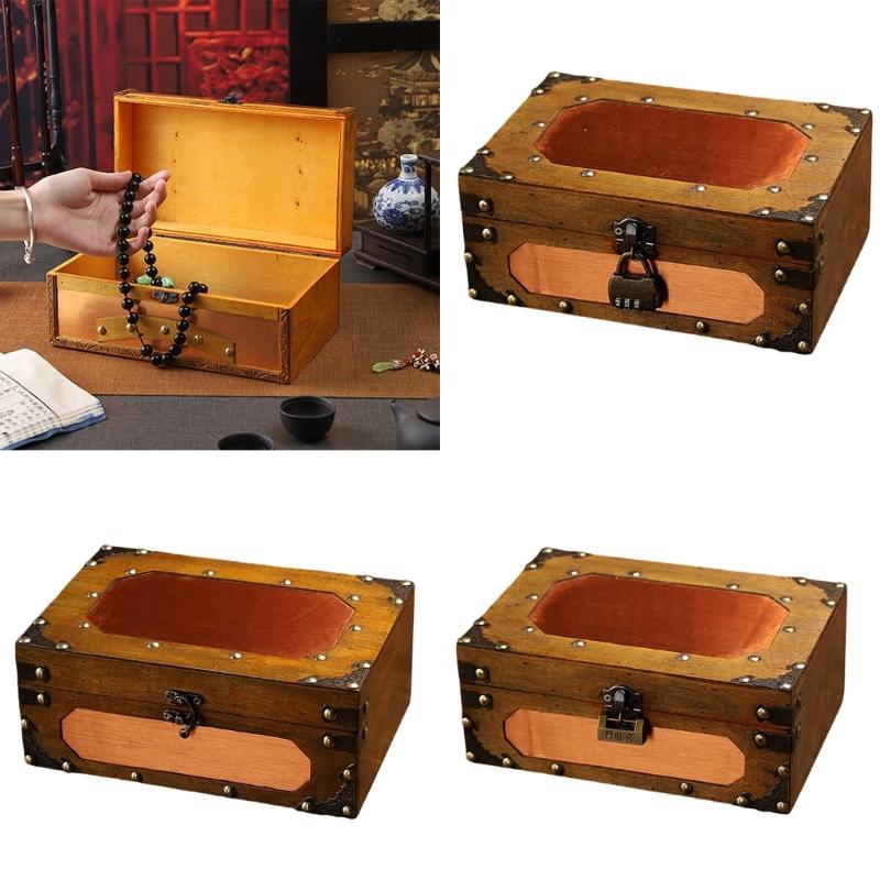 Vintage Wooden Keepsakes Chest with Lock Mechanism Antique Jewelry Storage Box Lockable Small Accessories Container