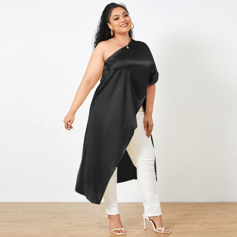 

Women s Summer One Shoulder Short Sleeve Irregular Slit Hem Solid Color Loose Top