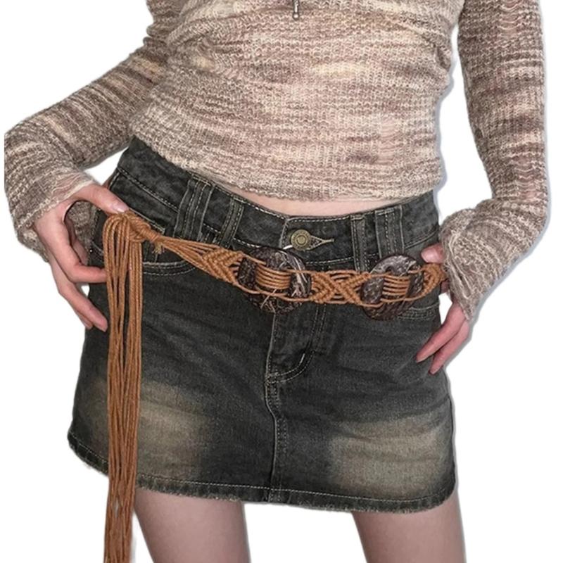 

Cowgirl Waist Belts for Braided Vintage Tie Belt with Discs for Impressive Woven Style Stage Street Dance 1 коричневий