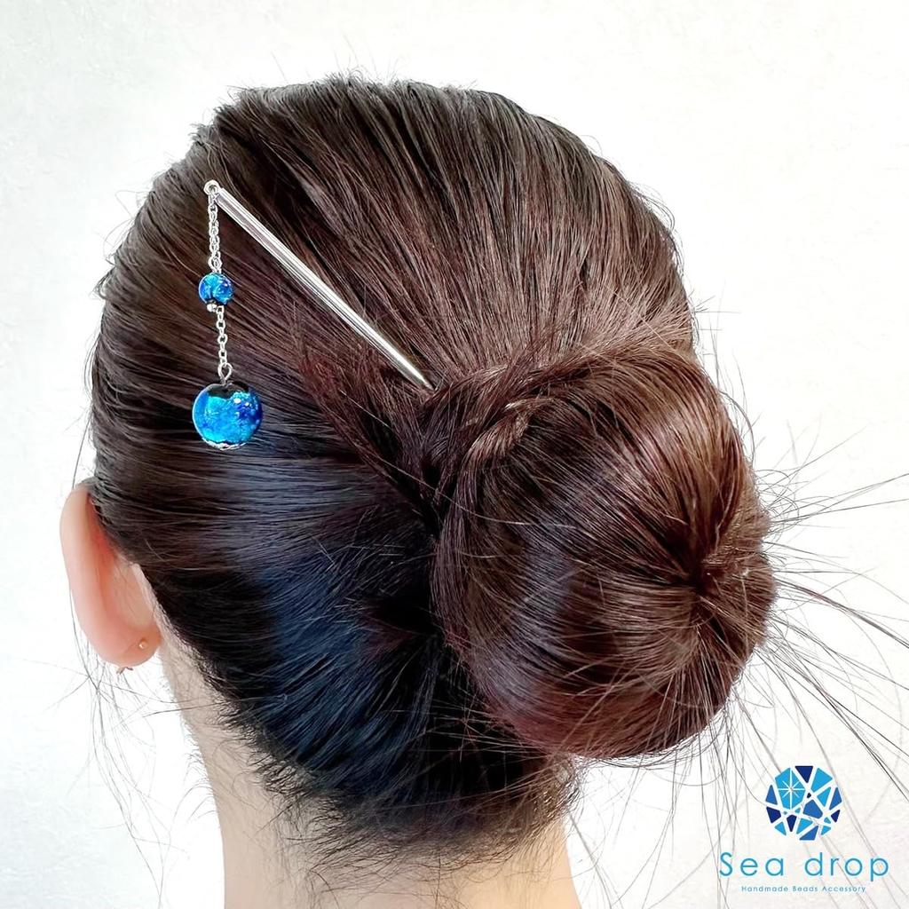Sea drop kanzashi glass 14mm and 6mm silver perfect for and other Japanese (hairpin), glow-in-the-dark beads, blue, beads, glow-in-the-dark color,