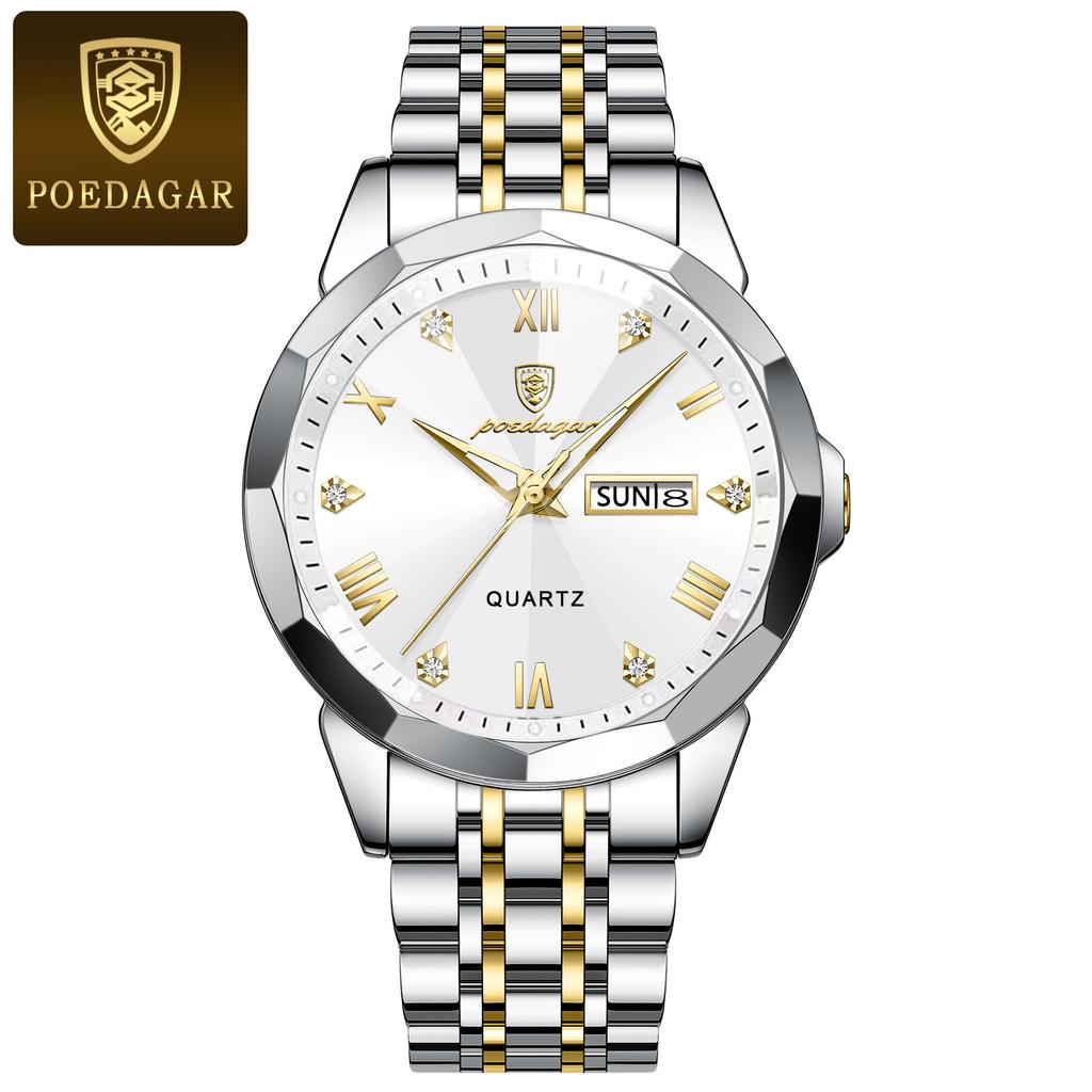 POEDAGAR Orologio da uomo di lusso originale impermeabile luminoso con data settimana acciaio inossidabile quarzo moda