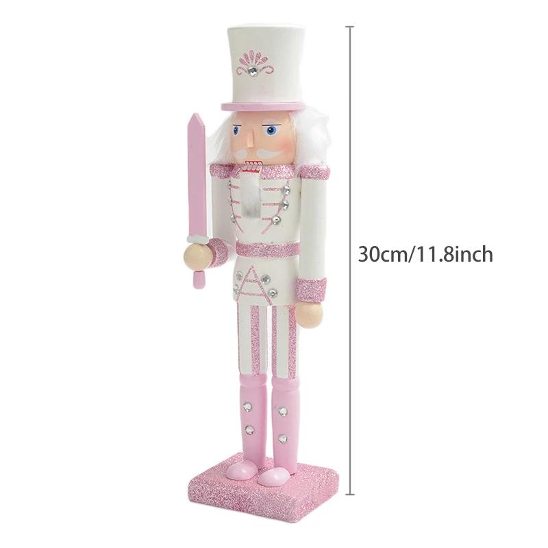 30cm Handmade Wooden Pink Nutcracker Soldier, Festive Collectible Tabletop Ornament, Unique Christmas Decor & Holiday Gift