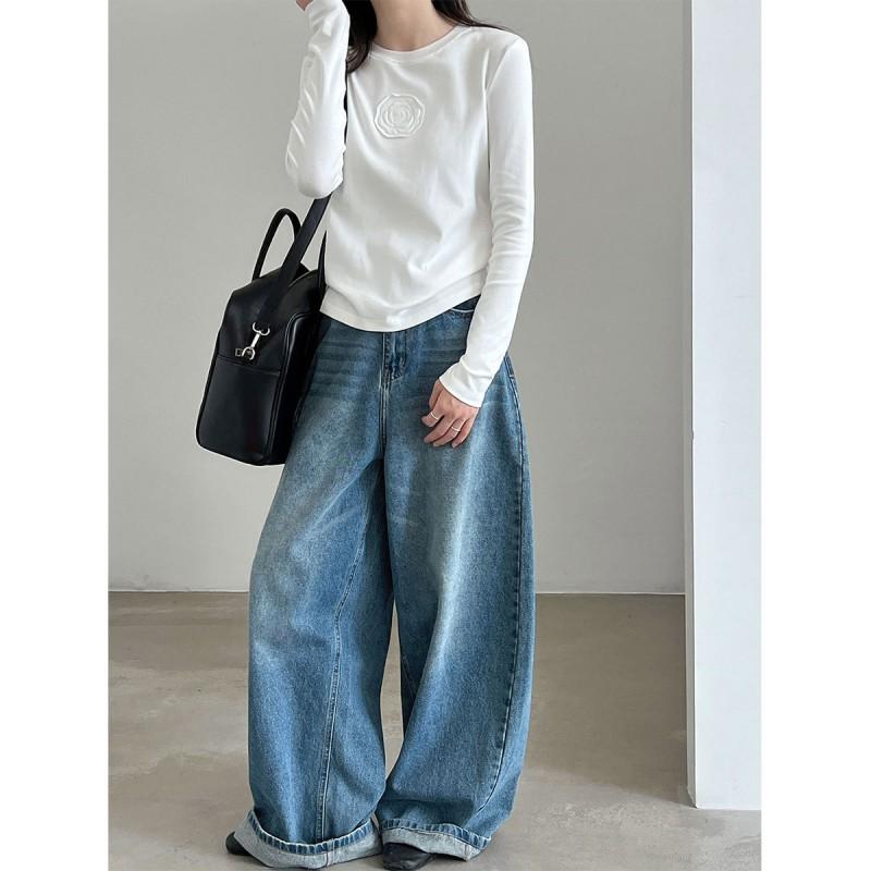 Womens Classic Round Neck Regular Fit Long Sleeve Tee With Floral Appliqu - Cotton 97% Spandex 3% Casual Korean Style