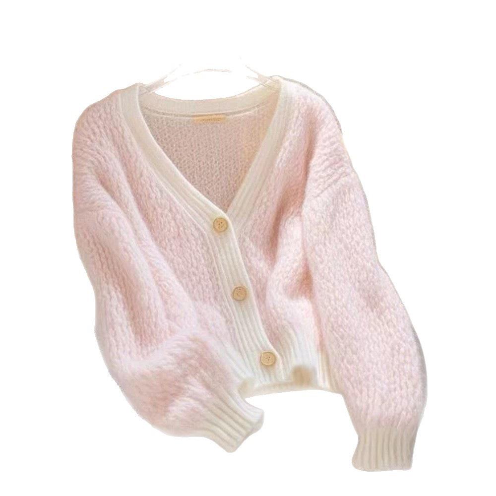 Autumn 2025 French Chic V-neck Color Block Knit Cardigan Sweater for Women