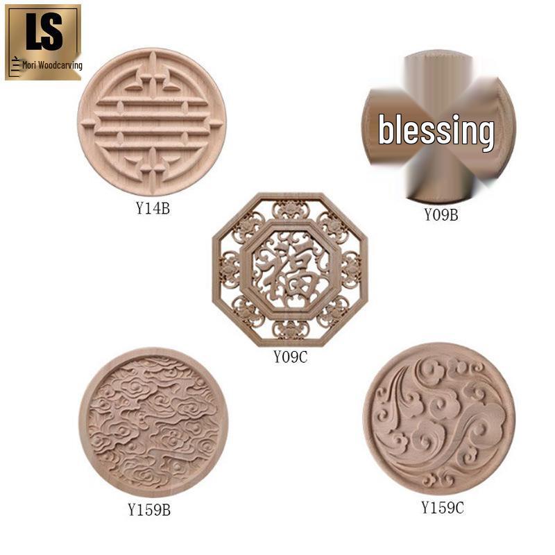 Solid Wood Carved Round Shou Relief Plate with Fu Character and Auspicious Clouds for Cabinet Door Decoration Model Y09B 9cm