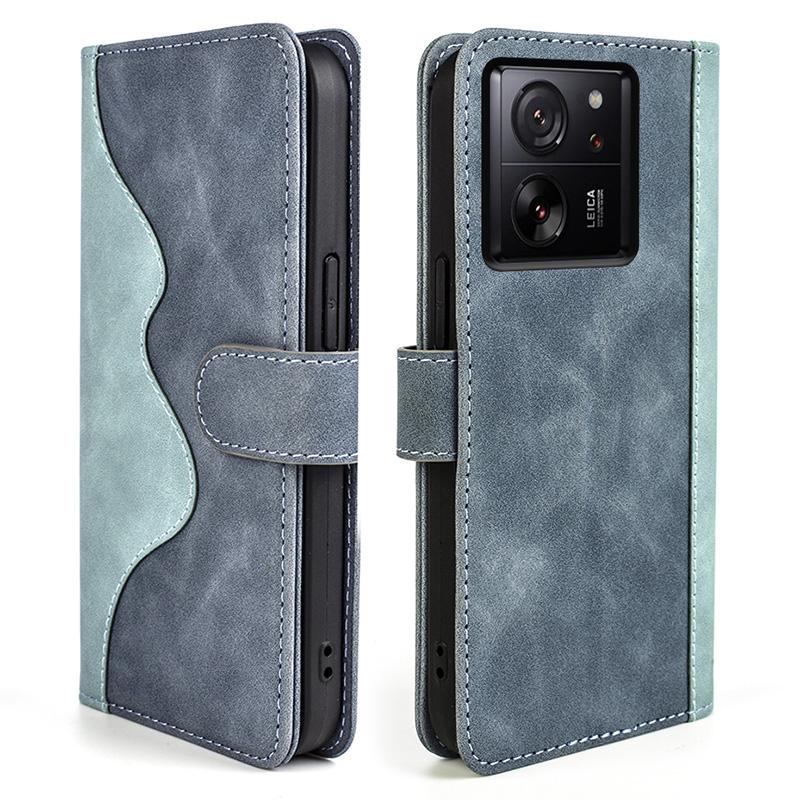 

For Xiaomi 13T/13T Pro Dual-color Splicing Phone Case PU Leather+TPU Wallet Stand Shock-absorbing Cover Blue