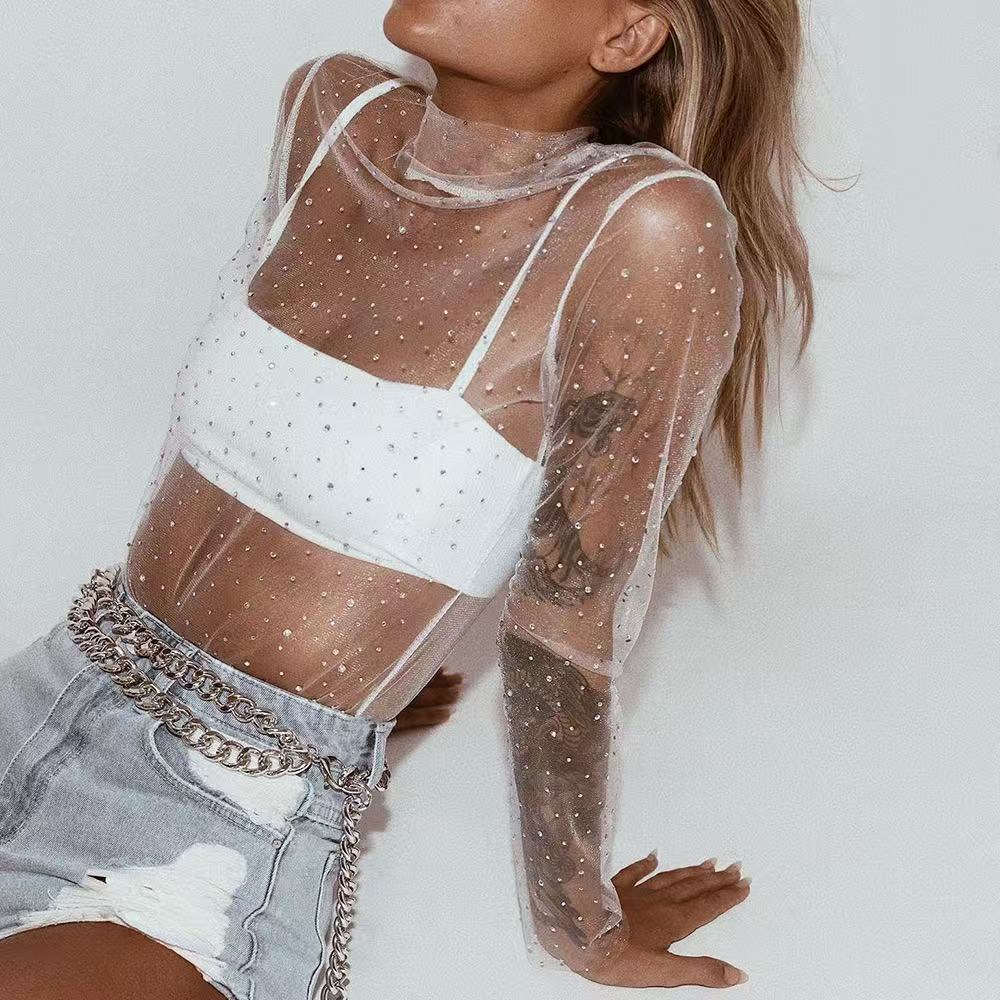 Women's Long Sleeve Mesh Top Mock Neck Sexy Style Rhinestone Sheer Cover Up Blouse