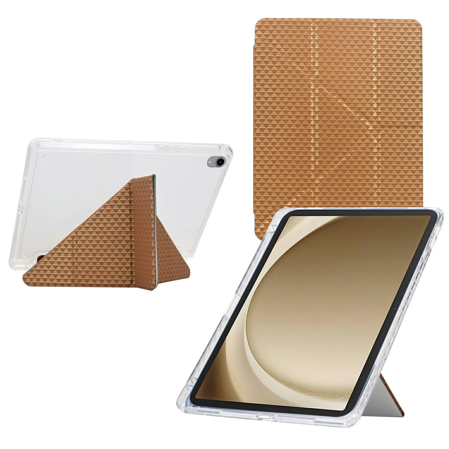 

For Samsung Galaxy Tab A9+ Case Y-Fold Stand Pyramid-Patterned Leather+Clear Acrylic Tablet Cover with Pencil Holder Gold
