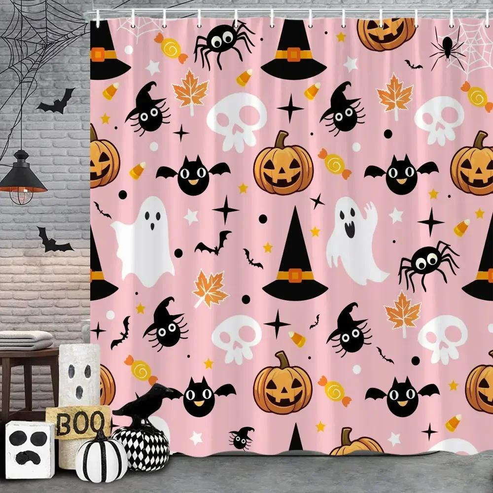 ~O~Pink Cute Halloween Shower Curtain Ghost Pumpkin Bat Skull Polyester Fabric Kids Shower Curtain Girls Bathroom Decor Strap Ho