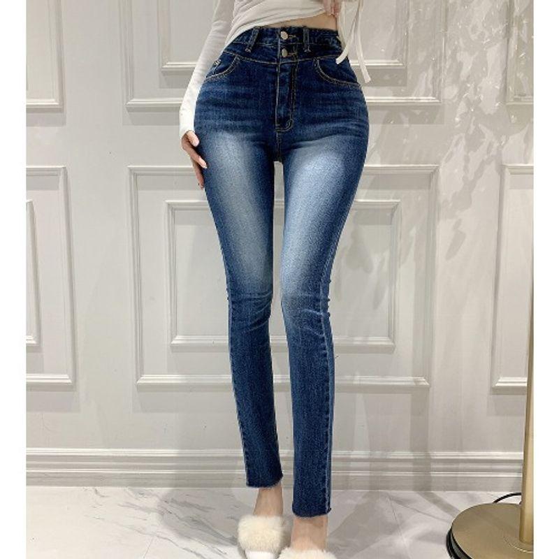 Spring and Summer South Korea Dongdaemun High Waist 2 Buttons Slim Fit Buttock Lifting Fengyi Faded Skinny Slimming Capri Jeans Women