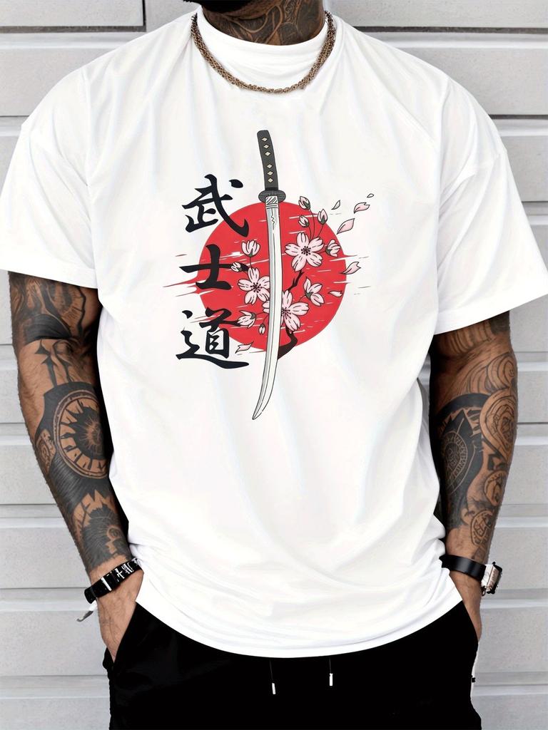 Unisex Sommer Blau Kurzarm T-Shirt Japanischer Bushido Katana Sakura Druck Lässig Streetwear Lockerer Schnitt Männlich Täglich Mode Oberteile